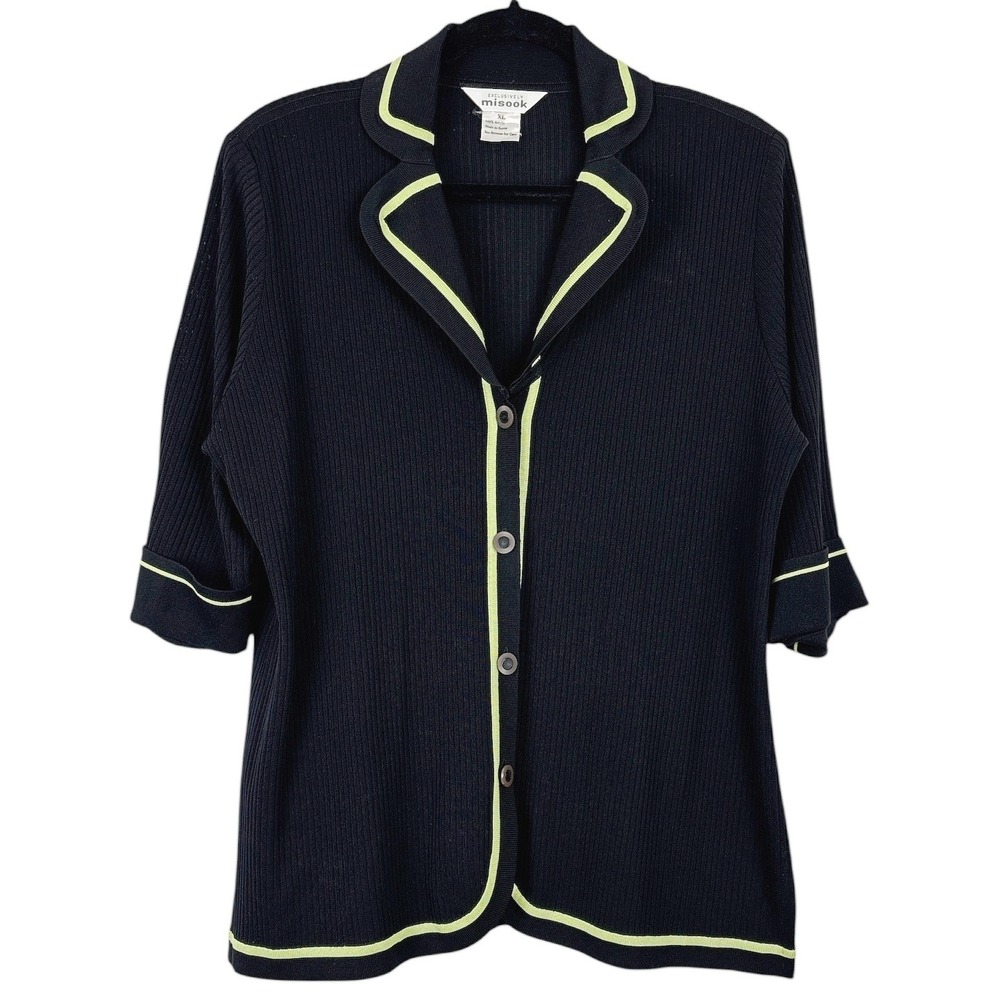 Misook Black Size XL Ribbed Button Cardigan Jacket Classic Preppy Minimalist